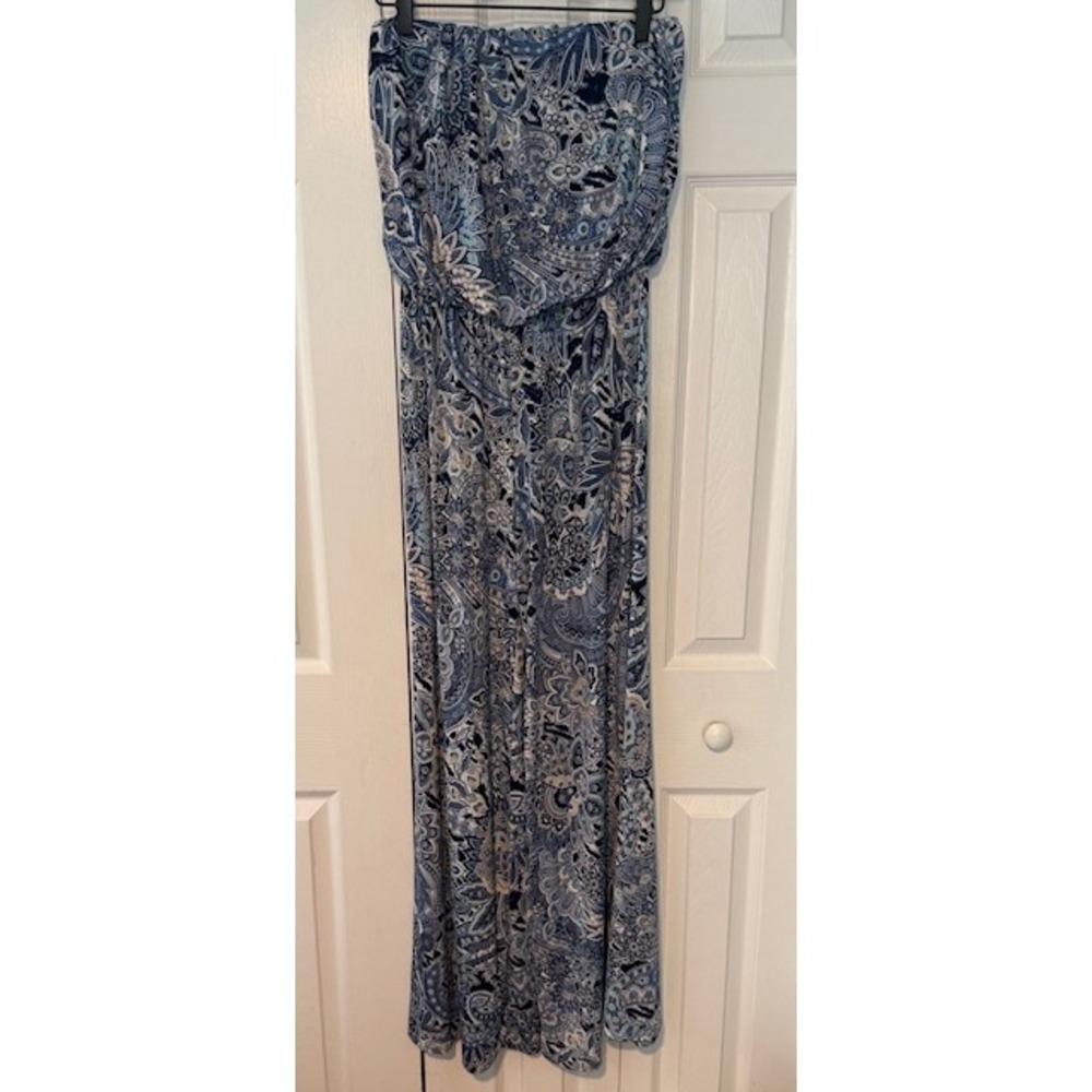 Abbeline Strapless Maxi Dress Small‎ Blue White Paisley Print Elastic Waist